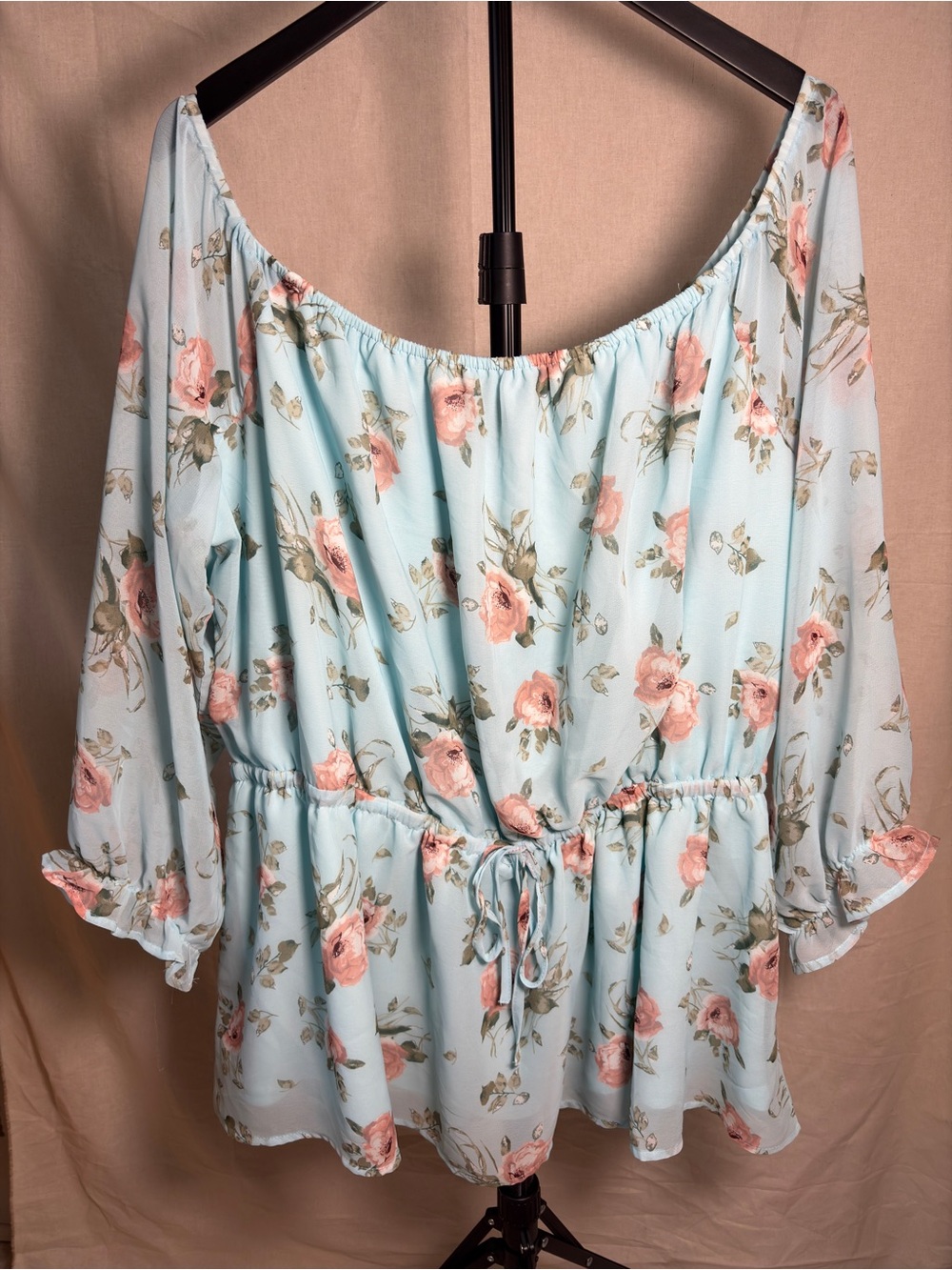 Lane Bryant Blue Floral Sheer Off-Shoulder Chiffon Blouse with Pink Roses 18/20